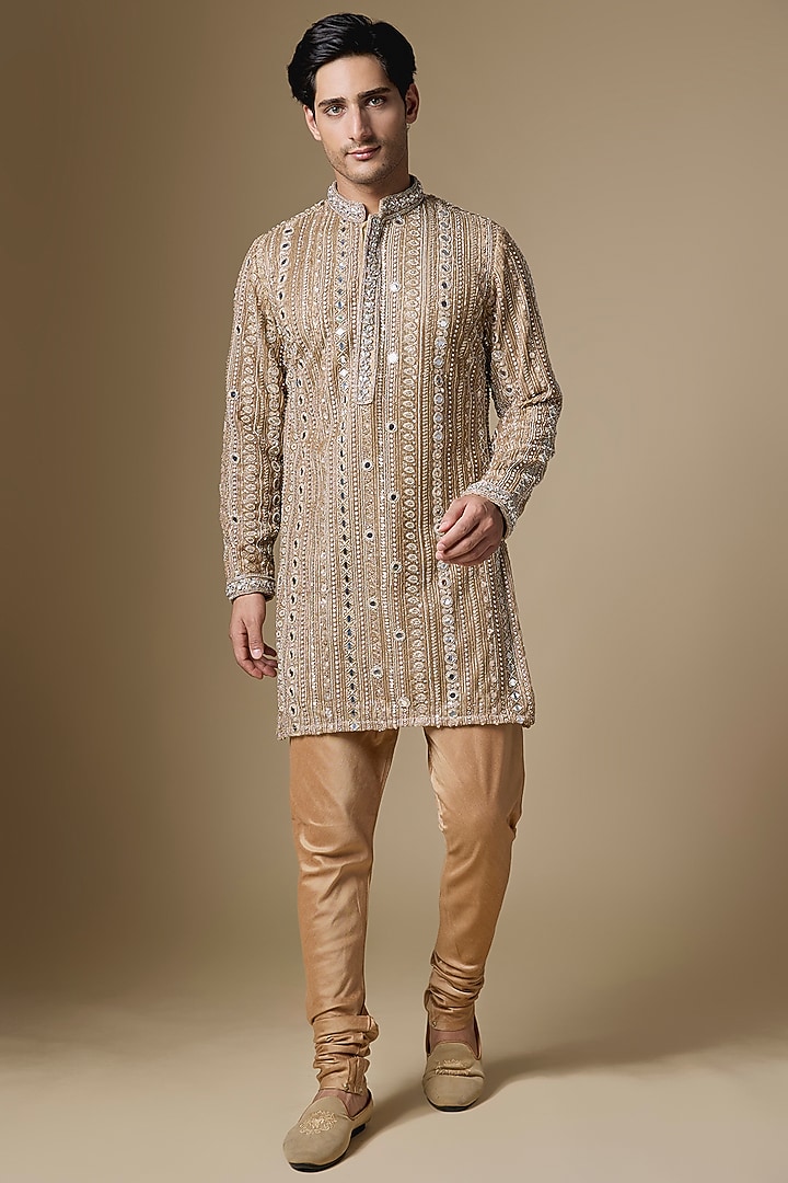 Bronze Gold Net Cutdana Embroidered Kurta Set by Dapper & Dare at Pernia's Pop Up Shop
