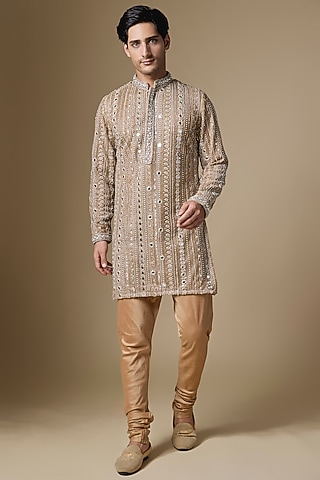 Bronze Gold Net Cutdana Embroidered Kurta Set by Dapper & Dare