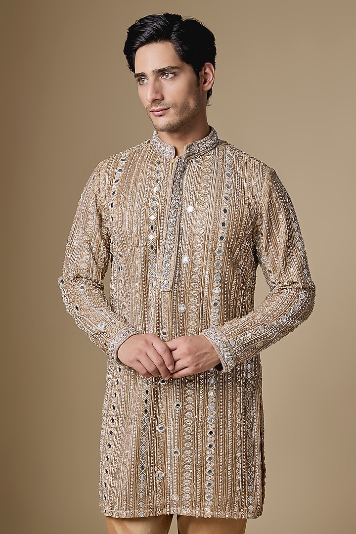 Bronze Gold Net Cutdana Embroidered Kurta Set by Dapper & Dare at Pernia's Pop Up Shop