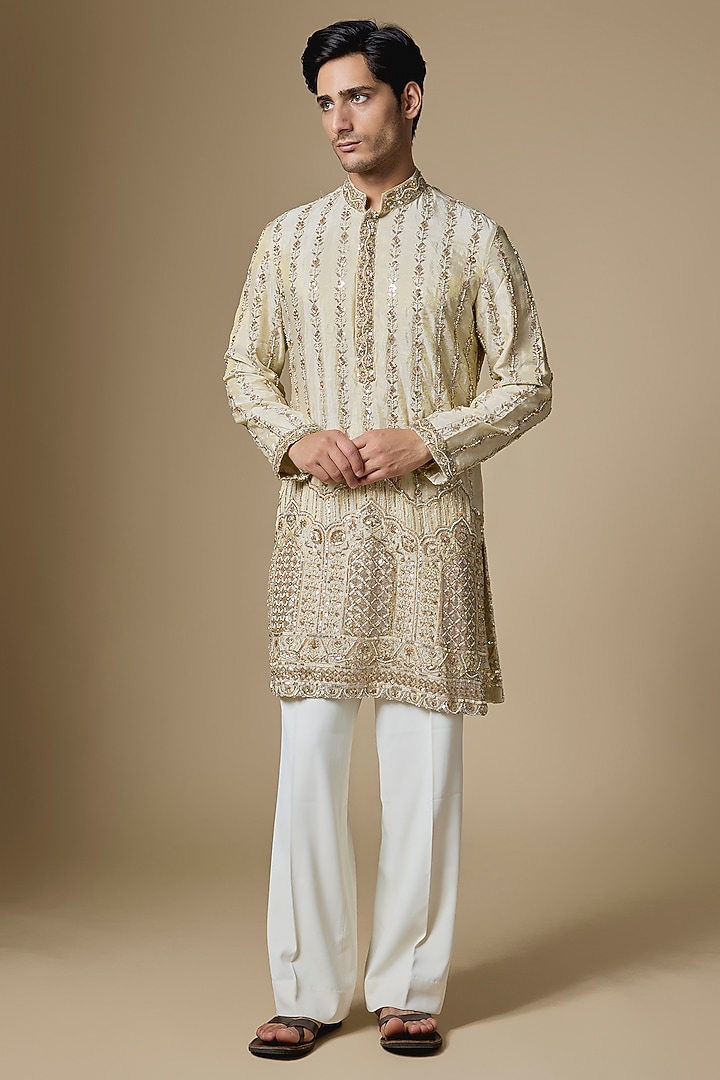 Gold Georgette Cutdana Embroidered Kurta Set by Dapper & Dare at Pernia's Pop Up Shop