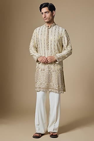 Gold Georgette Cutdana Embroidered Kurta Set by Dapper & Dare