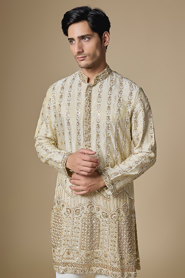 Gold Georgette Cutdana Embroidered Kurta Set by Dapper & Dare at Pernia's Pop Up Shop