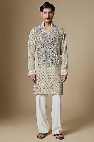 Gold Georgette Mirror Embroidered Kurta Set by Dapper & Dare