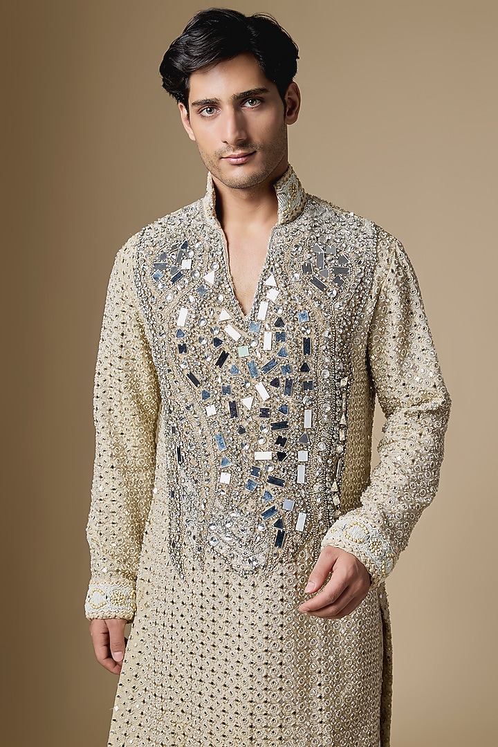Gold Georgette Mirror Embroidered Kurta Set by Dapper & Dare at Pernia's Pop Up Shop