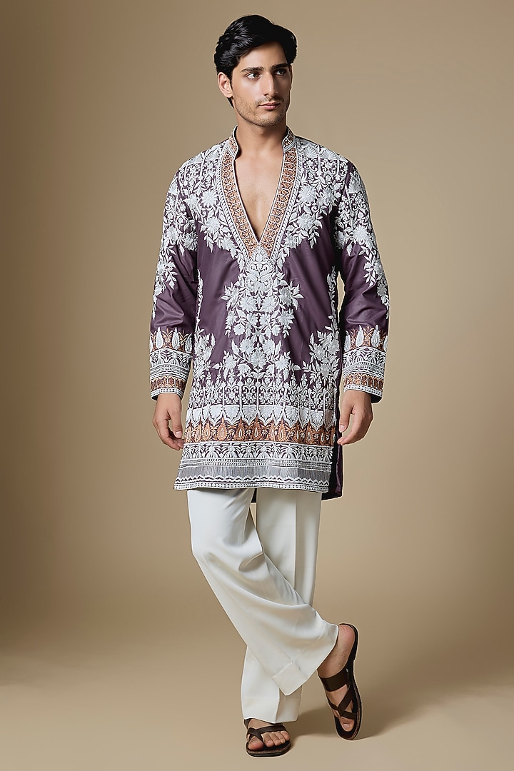 Purple Armani Satin Cutdana Embroidered Kurta Set by Dapper & Dare at Pernia's Pop Up Shop