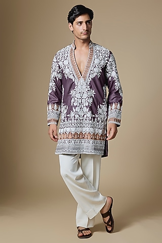 Purple Armani Satin Cutdana Embroidered Kurta Set by Dapper & Dare