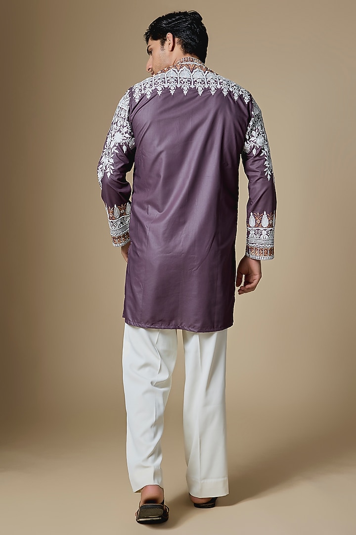 Purple Armani Satin Cutdana Embroidered Kurta Set by Dapper & Dare at Pernia's Pop Up Shop