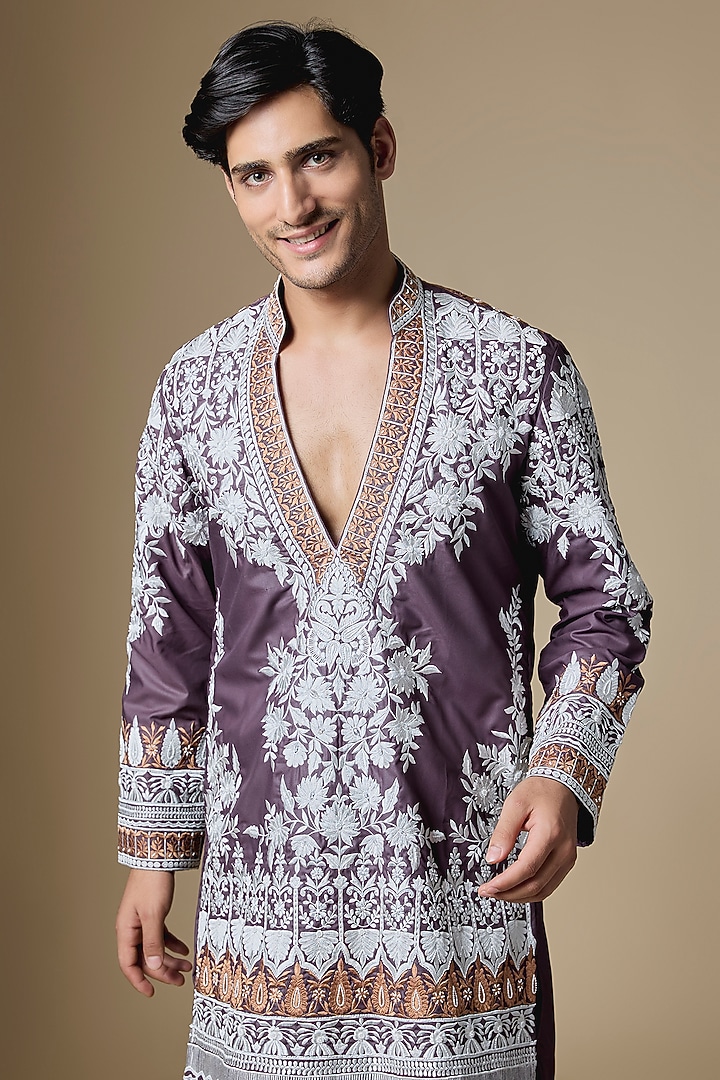 Purple Armani Satin Cutdana Embroidered Kurta Set by Dapper & Dare at Pernia's Pop Up Shop