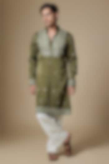 Olive Green Armani Satin Motifs Embroidered Kurta Set by Dapper & Dare at Pernia's Pop Up Shop
