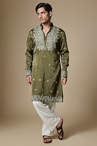 Olive Green Armani Satin Motifs Embroidered Kurta Set by Dapper & Dare