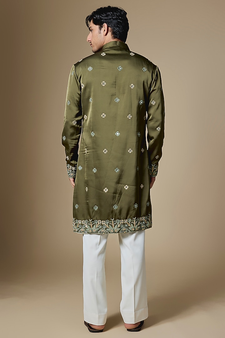 Olive Green Armani Satin Motifs Embroidered Kurta Set by Dapper & Dare at Pernia's Pop Up Shop