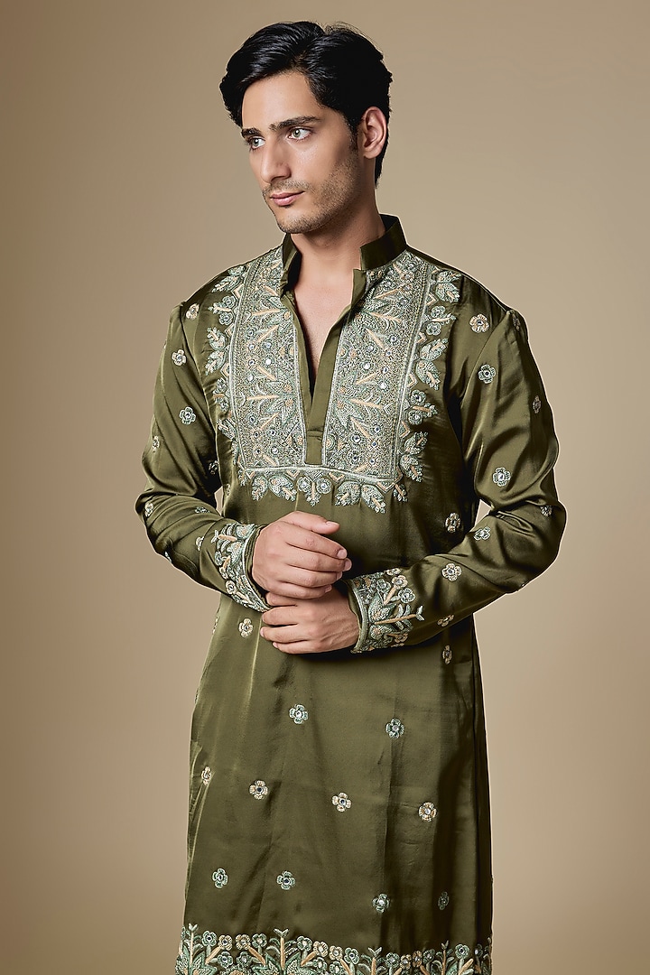 Olive Green Armani Satin Motifs Embroidered Kurta Set by Dapper & Dare at Pernia's Pop Up Shop