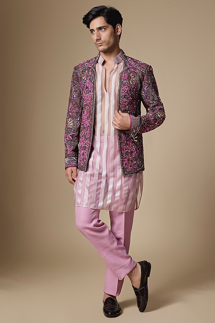 Magenta Japanese Twill Sequins Embroidered Open Groom Indowestern Set by Dapper & Dare at Pernia's Pop Up Shop