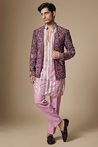 Magenta Japanese Twill Sequins Embroidered Open Indowestern Set by Dapper & Dare