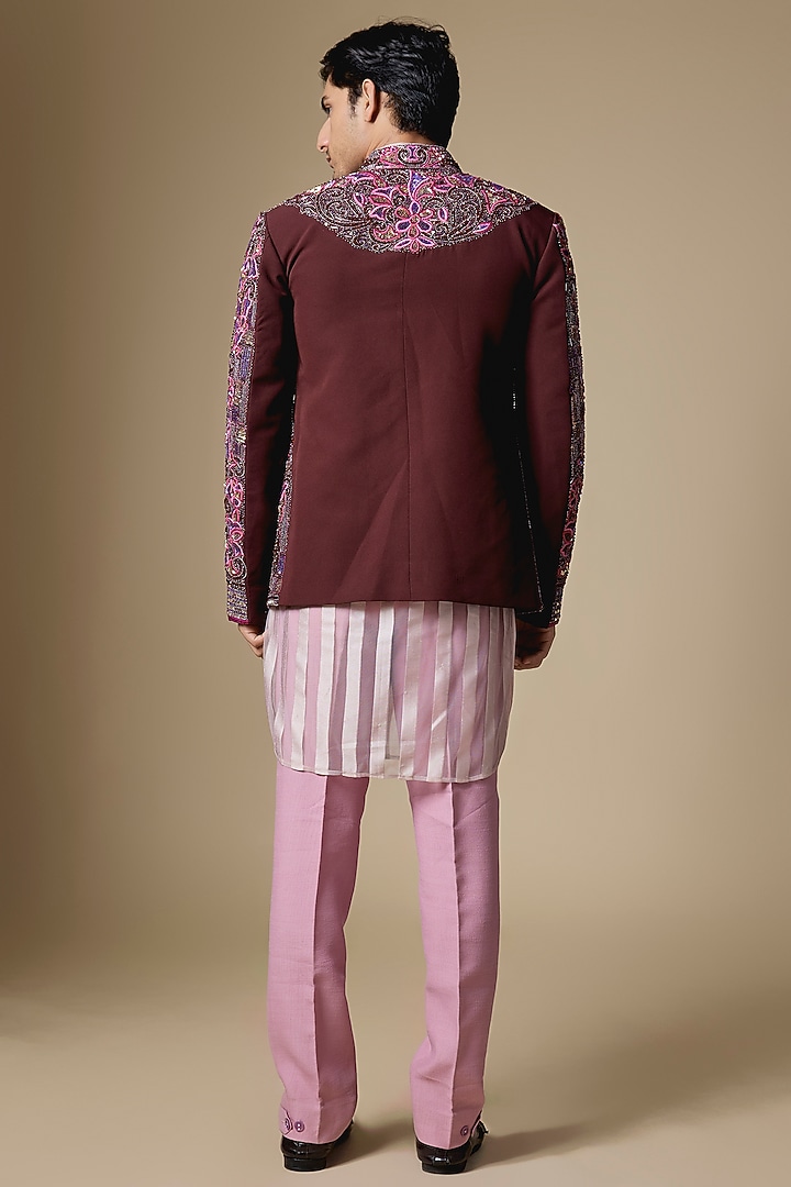 Magenta Japanese Twill Sequins Embroidered Open Groom Indowestern Set by Dapper & Dare at Pernia's Pop Up Shop