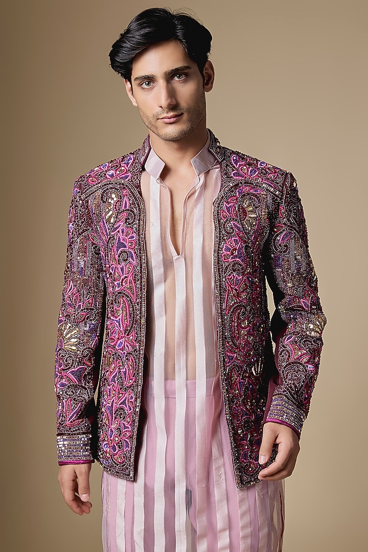 Magenta Japanese Twill Sequins Embroidered Open Groom Indowestern Set by Dapper & Dare at Pernia's Pop Up Shop