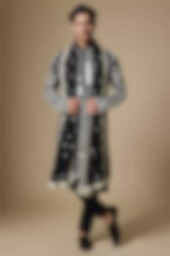 Black Satin Mirror Embroidered Kurta Set by Dapper & Dare at Pernia's Pop Up Shop