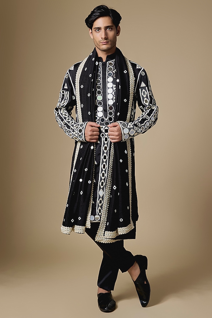 Black Satin Mirror Embroidered Kurta Set by Dapper & Dare at Pernia's Pop Up Shop