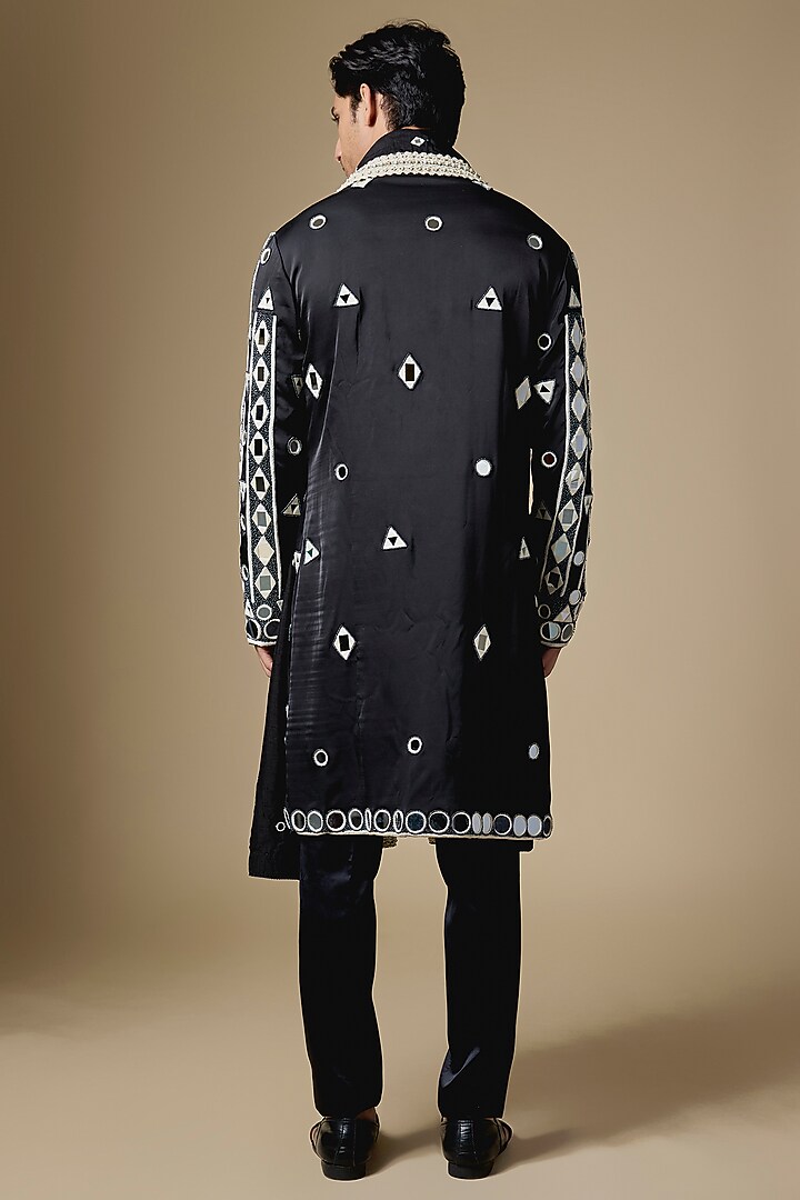 Black Satin Mirror Embroidered Kurta Set by Dapper & Dare at Pernia's Pop Up Shop