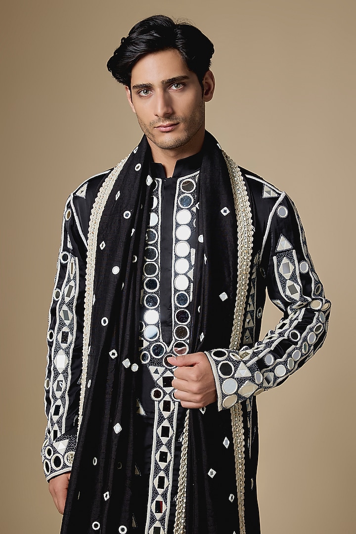 Black Satin Mirror Embroidered Kurta Set by Dapper & Dare at Pernia's Pop Up Shop