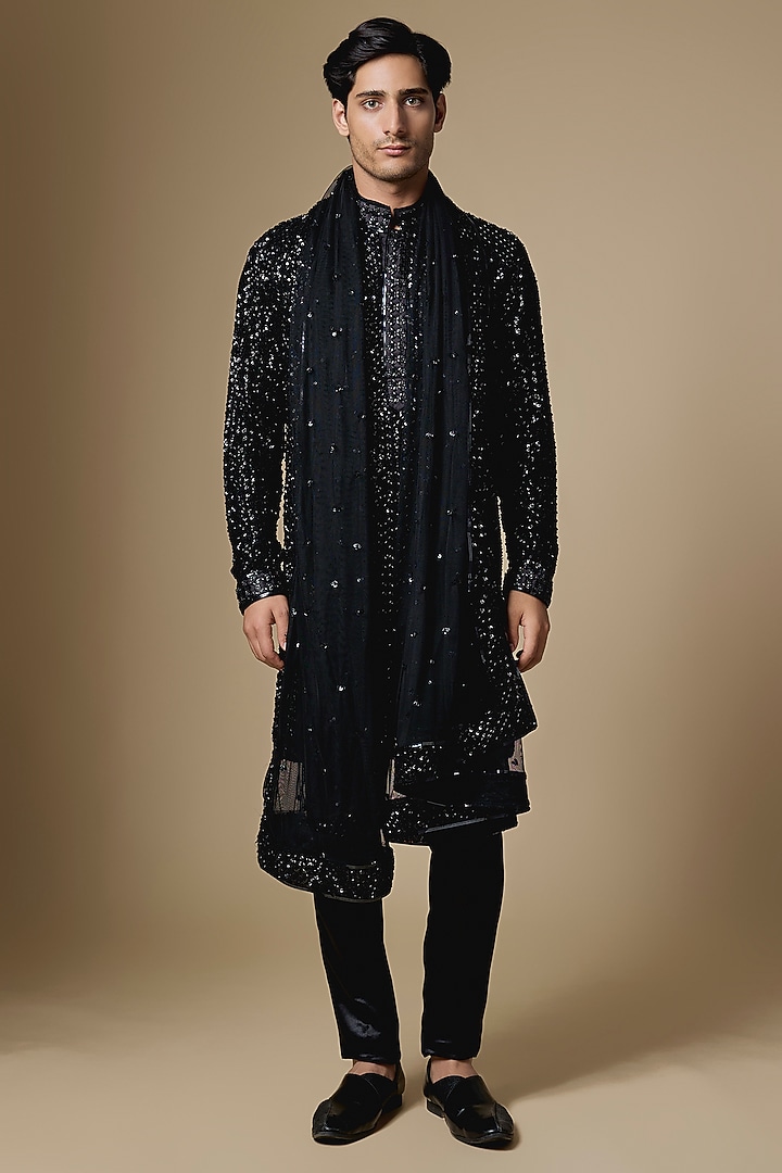 Black Georgette Mirror Embroidered Kurta Set by Dapper & Dare at Pernia's Pop Up Shop