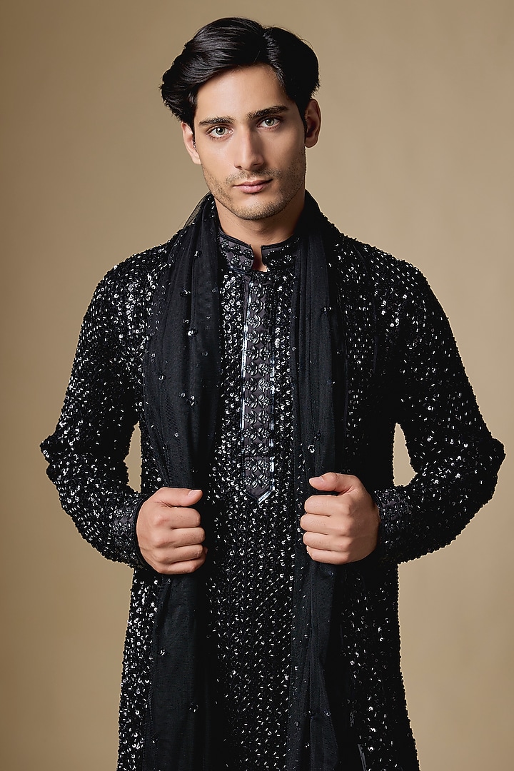 Black Georgette Mirror Embroidered Kurta Set by Dapper & Dare at Pernia's Pop Up Shop