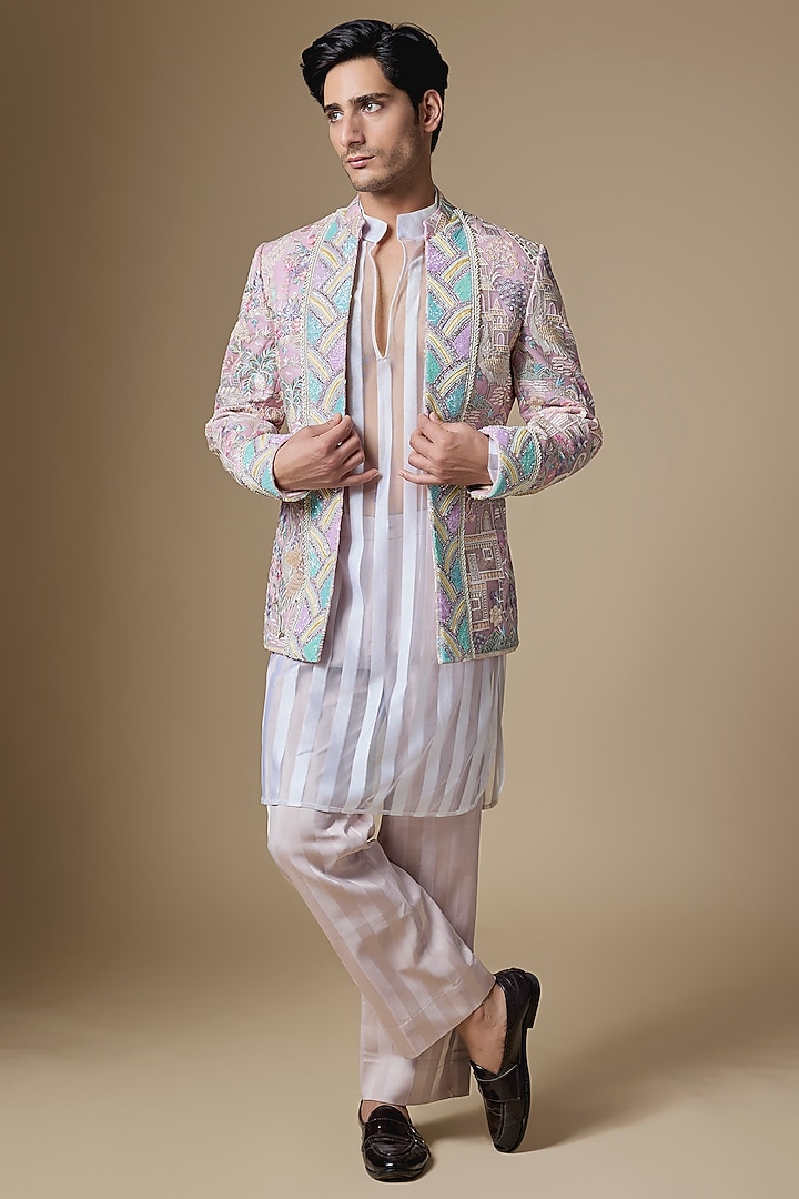 Lavender Satin Cutdana Embroidered Open Groom Indowestern Set by Dapper & Dare at Pernia's Pop Up Shop