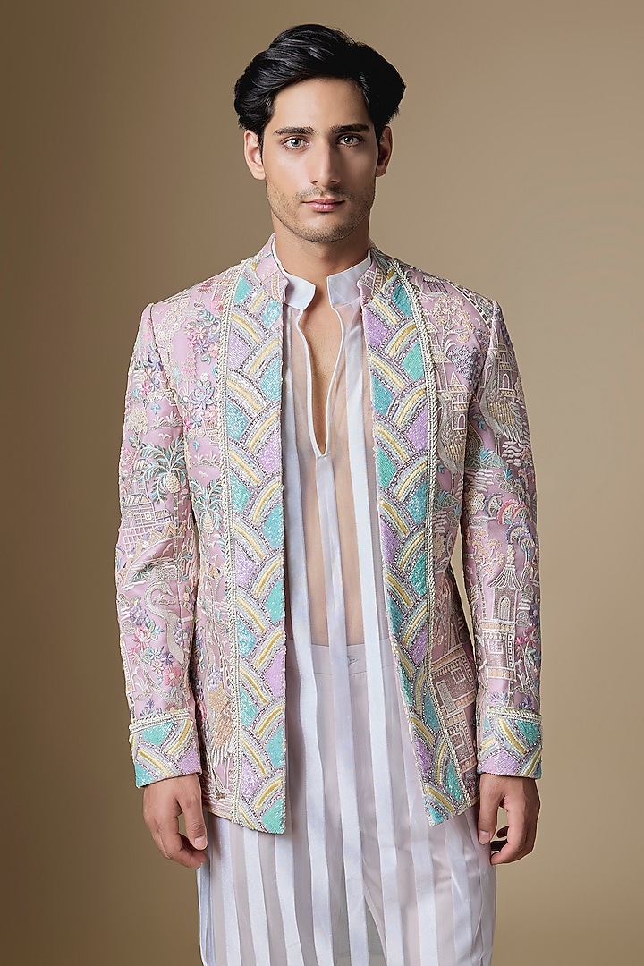 Lavender Satin Cutdana Embroidered Open Groom Indowestern Set by Dapper & Dare at Pernia's Pop Up Shop