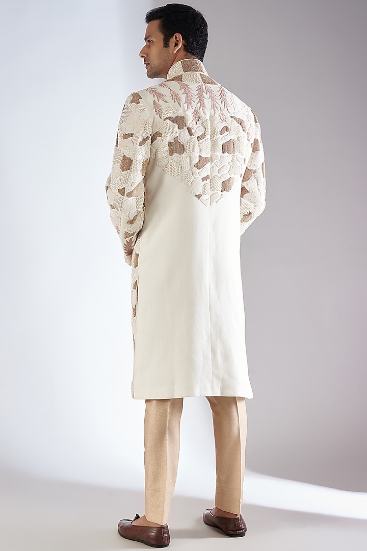 White Jute Cotton Blend Embroidered Groom Sherwani Set by Dapper & Dare at Pernia's Pop Up Shop