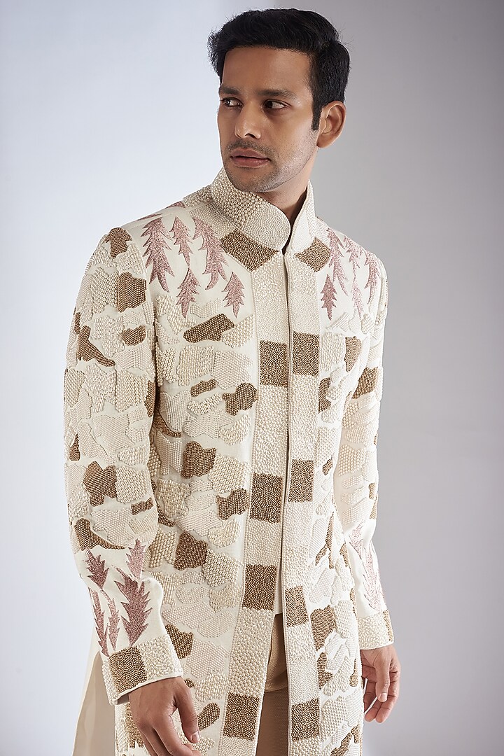 White Jute Cotton Blend Embroidered Groom Sherwani Set by Dapper & Dare at Pernia's Pop Up Shop