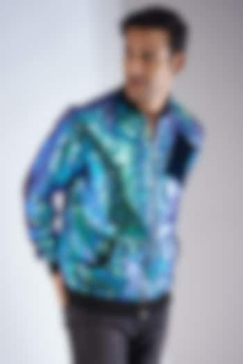 Metallic Blue Sequins Georgette Bomber Jacket by Dapper & Dare at Pernia's Pop Up Shop