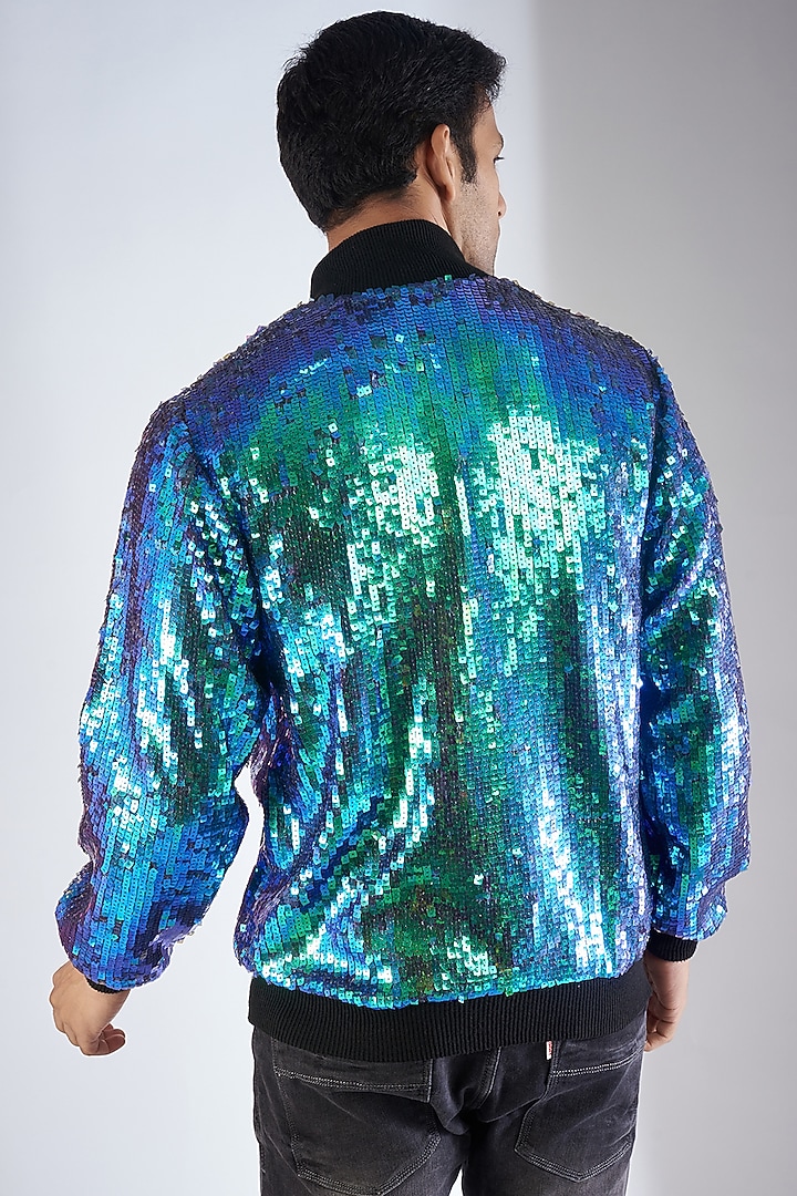Metallic Blue Sequins Georgette Bomber Jacket by Dapper & Dare at Pernia's Pop Up Shop