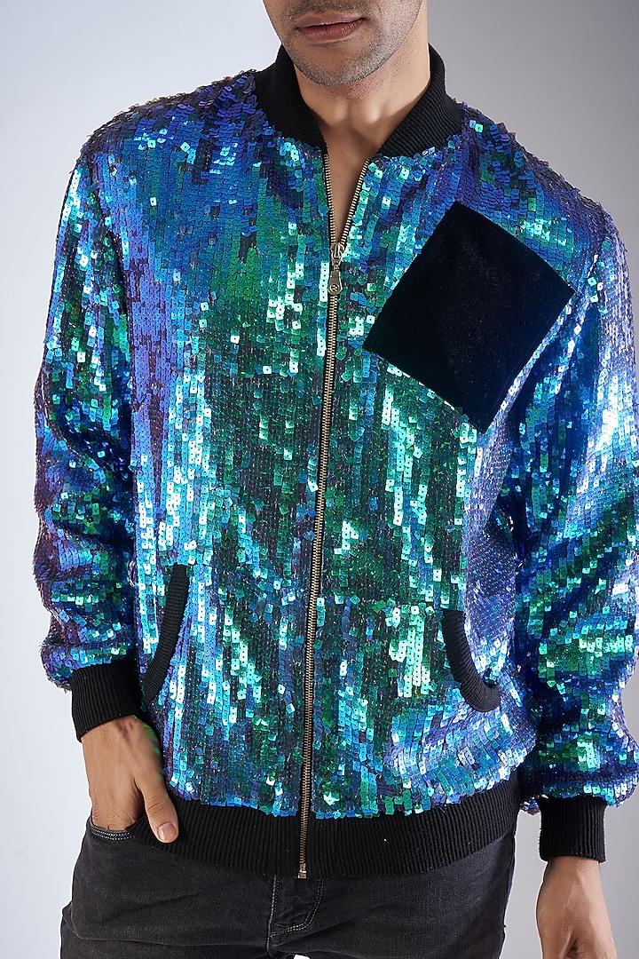 Metallic Blue Sequins Georgette Bomber Jacket by Dapper & Dare at Pernia's Pop Up Shop