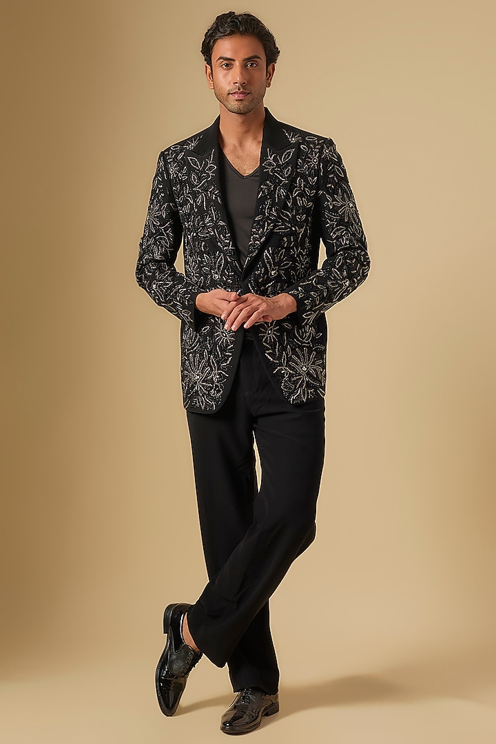 Black Japanese Twill Cutdana Embroidered Blazer Set by Dapper & Dare