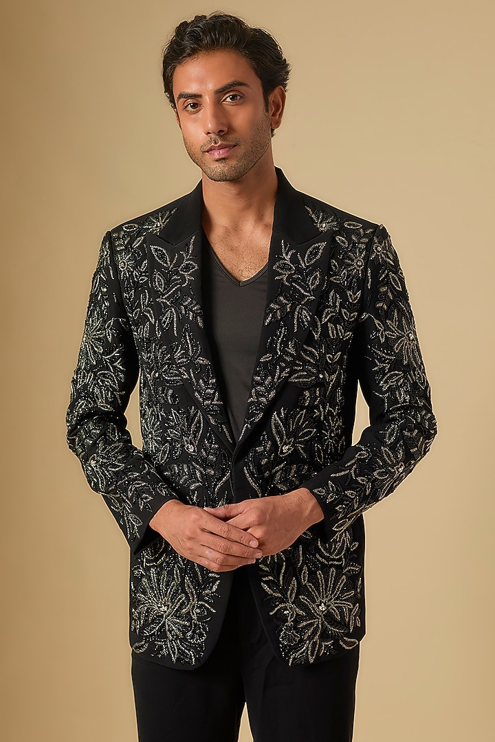 Black Japanese Twill Cutdana Embroidered Blazer Set by Dapper & Dare at Pernia's Pop Up Shop