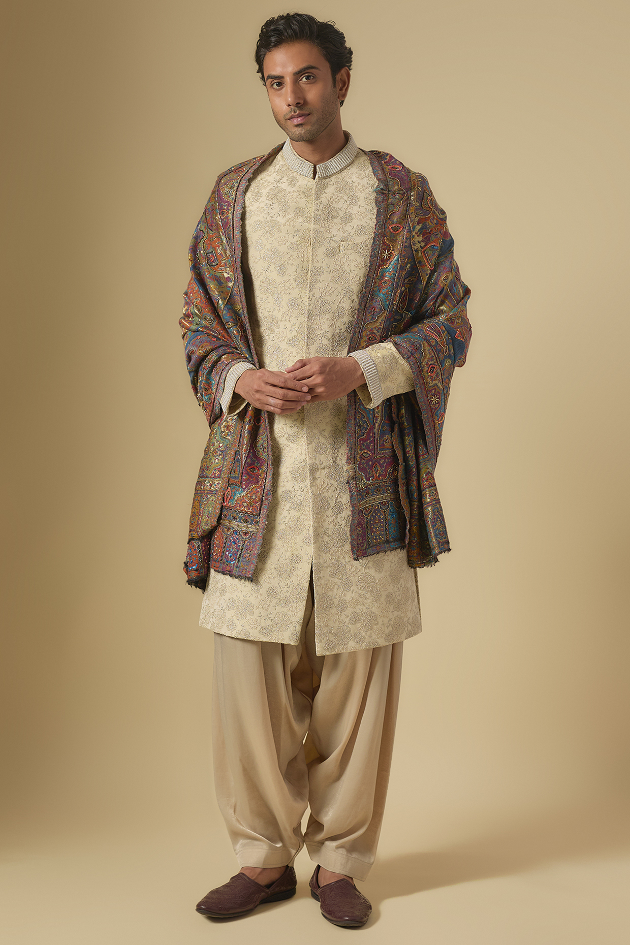 Beige Sandwash Satin Embroidered Sherwani Set by Dapper & Dare