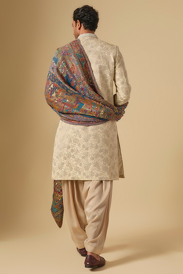 Beige Sandwash Satin Embroidered Groom Sherwani Set by Dapper & Dare at Pernia's Pop Up Shop