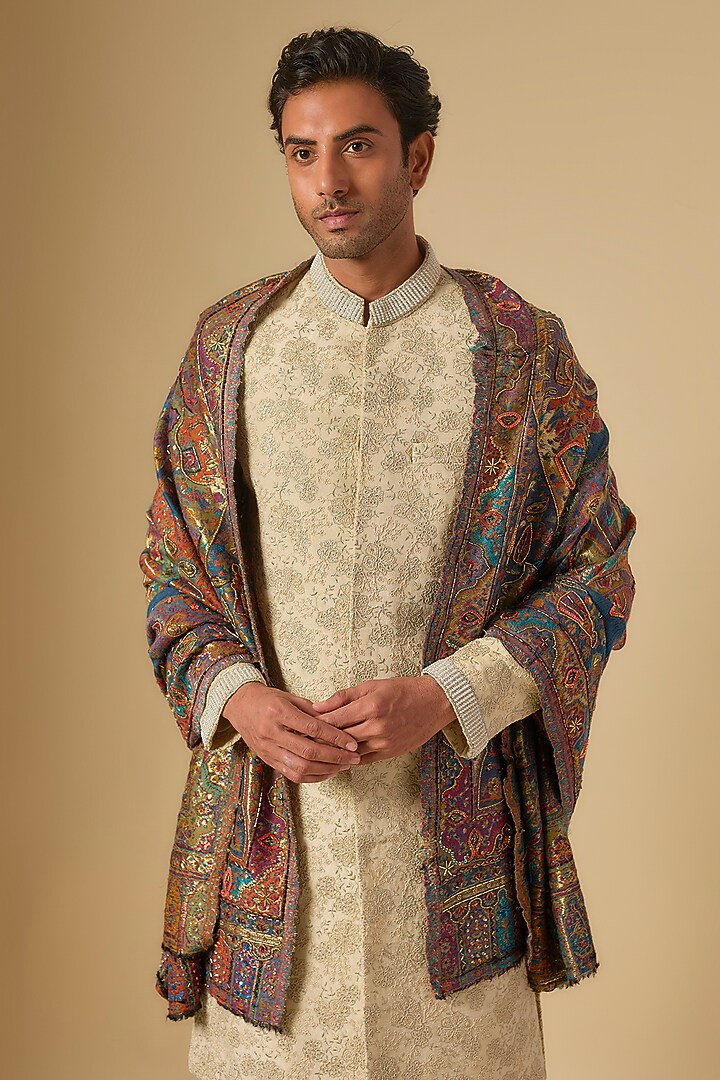 Beige Sandwash Satin Embroidered Groom Sherwani Set by Dapper & Dare at Pernia's Pop Up Shop