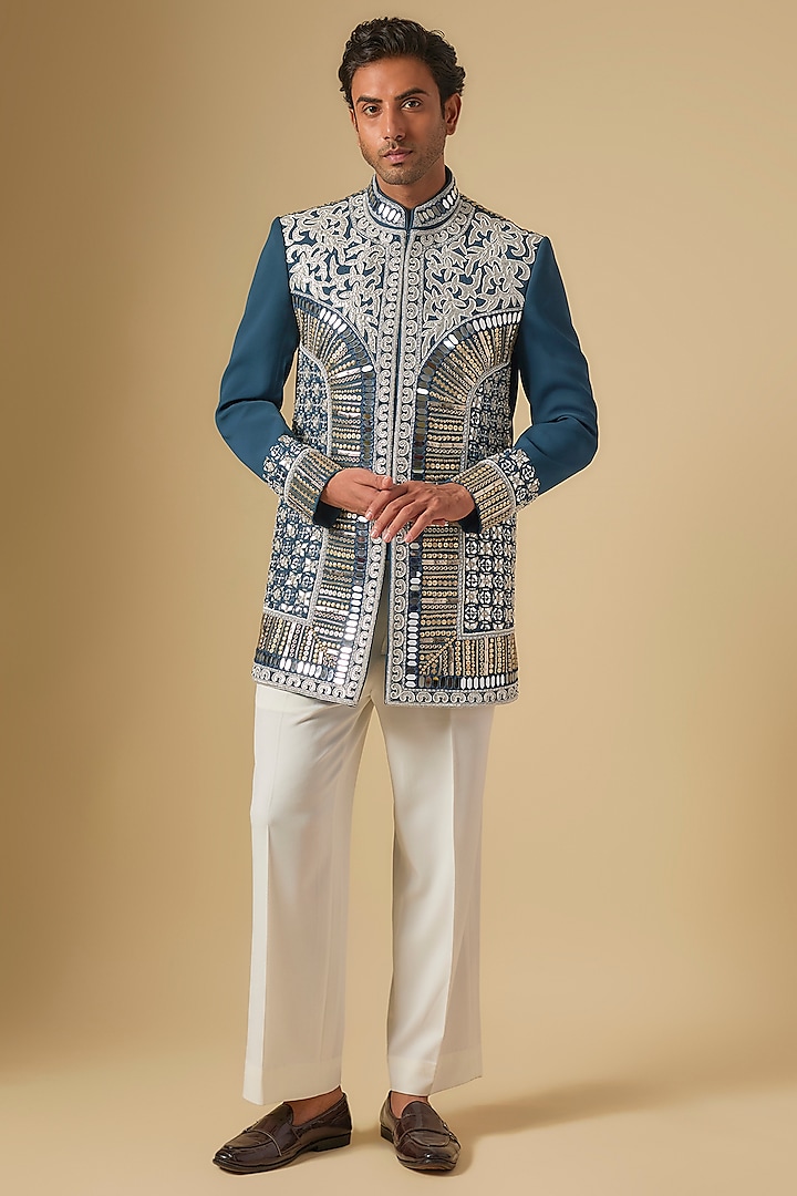 Blue Japanese Twill Mirror Hand Embroidered Bandhgala Set by Dapper & Dare