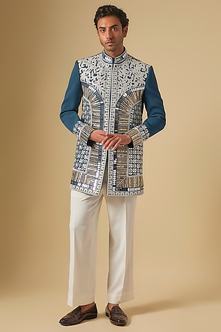 Blue Japanese Twill Mirror Hand Embroidered Bandhgala Set by Dapper & Dare