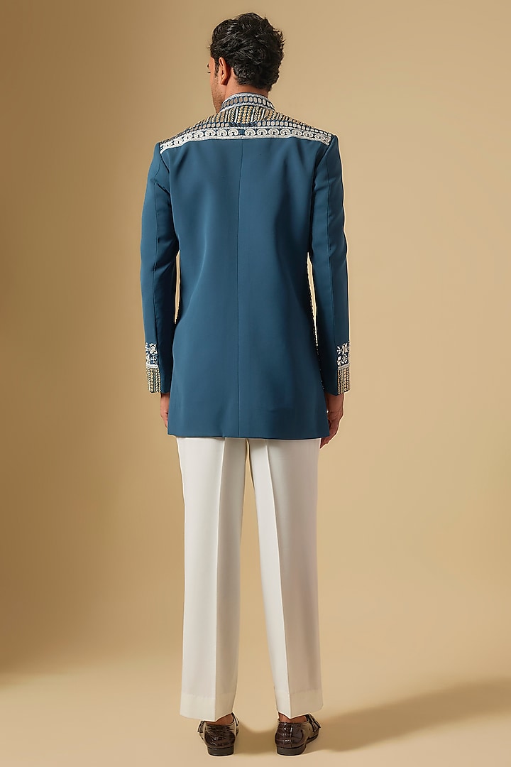 Blue Japanese Twill Mirror Hand Embroidered Groom Bandhgala Set by Dapper & Dare at Pernia's Pop Up Shop