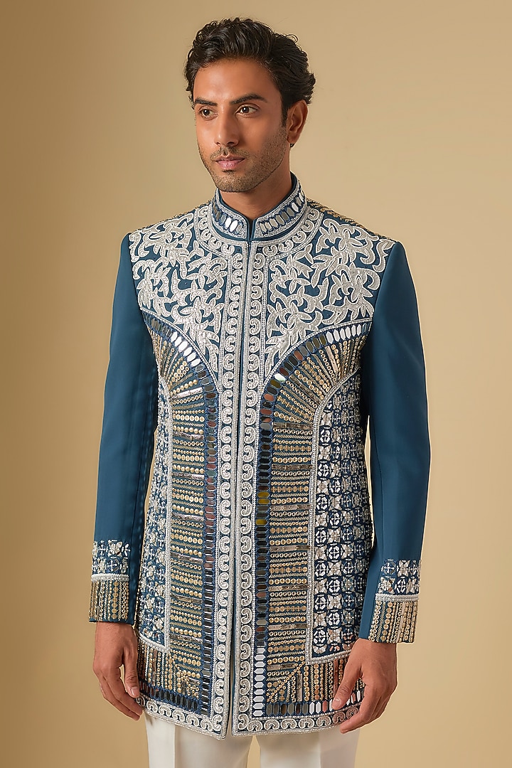 Blue Japanese Twill Mirror Hand Embroidered Groom Bandhgala Set by Dapper & Dare at Pernia's Pop Up Shop