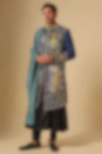 Blue Japanese Twill Cutdana Embroidered Sherwani Set by Dapper & Dare