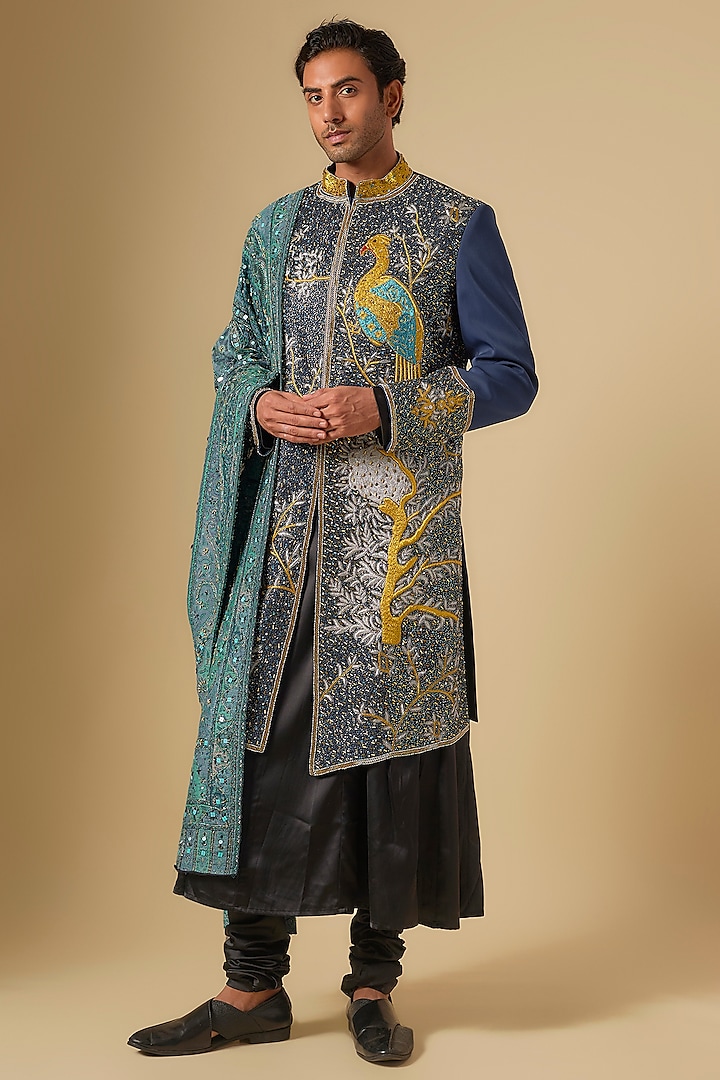 Blue Japanese Twill Cutdana Embroidered Sherwani Set by Dapper & Dare