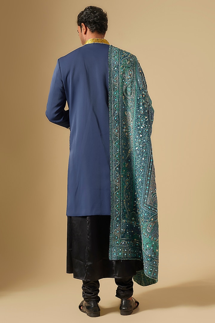 Blue Japanese Twill Cutdana Embroidered Groom Sherwani Set by Dapper & Dare at Pernia's Pop Up Shop