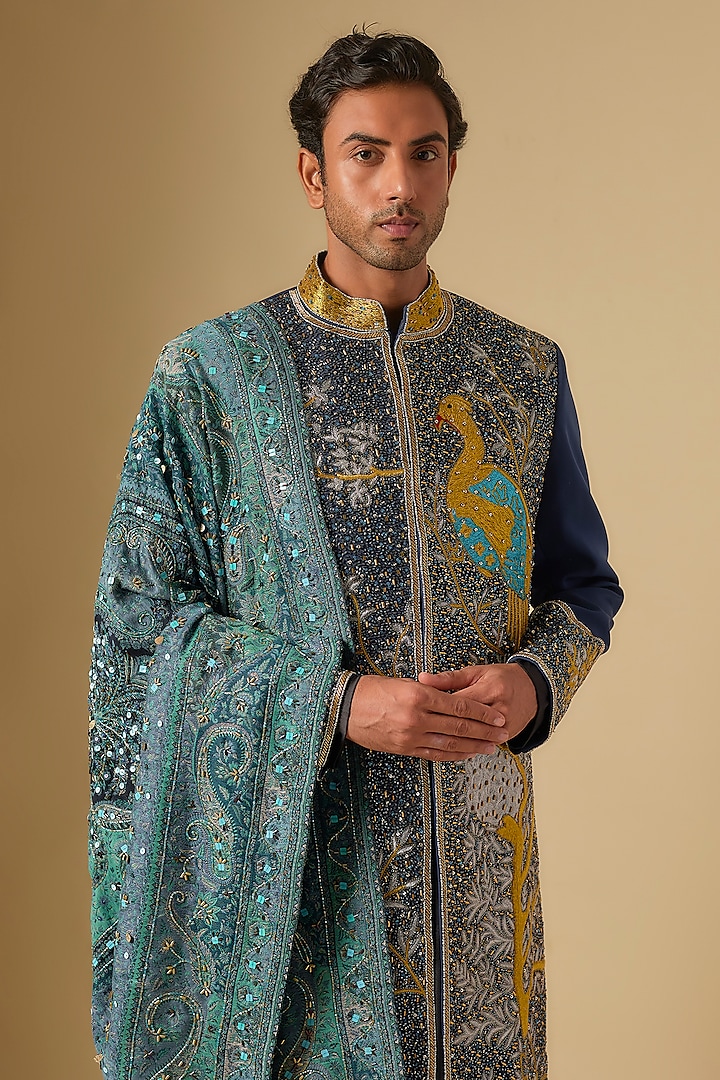 Blue Japanese Twill Cutdana Embroidered Groom Sherwani Set by Dapper & Dare at Pernia's Pop Up Shop