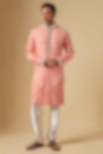 Light Peach Dupion Silk Embroidered Kurta Set by Dapper & Dare at Pernia's Pop Up Shop