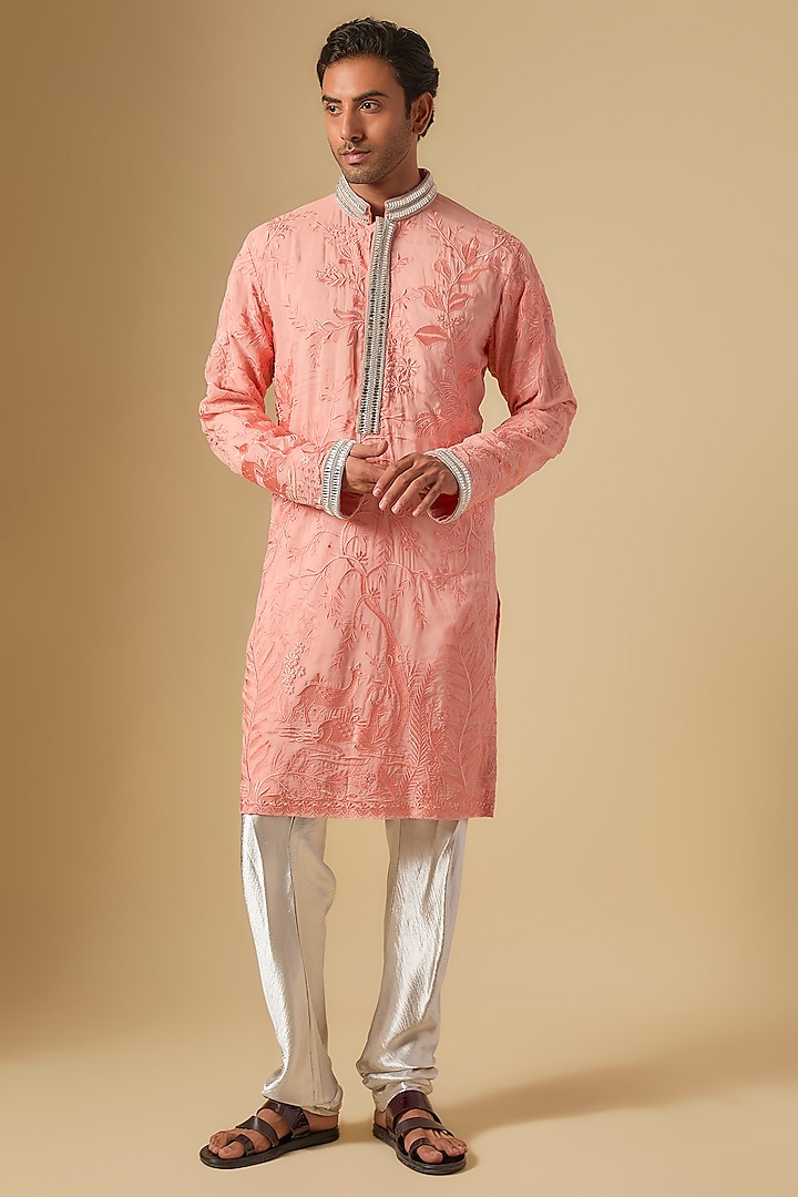 Light Peach Dupion Silk Embroidered Kurta Set by Dapper & Dare at Pernia's Pop Up Shop