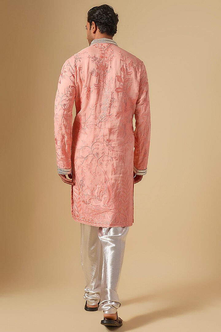 Light Peach Dupion Silk Embroidered Kurta Set by Dapper & Dare at Pernia's Pop Up Shop