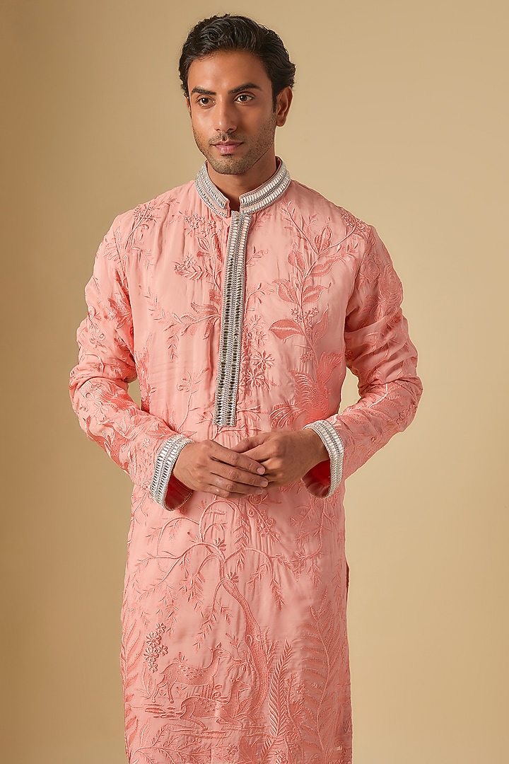 Light Peach Dupion Silk Embroidered Kurta Set by Dapper & Dare at Pernia's Pop Up Shop